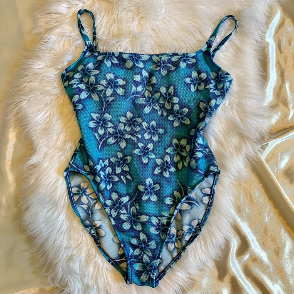 VTG 90’s Tropical Blue High Cut One Piece Swimsuit